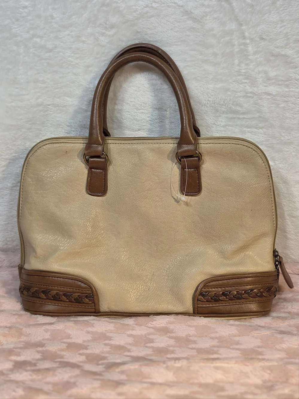 Bueno Classic Two-Tone Beige and Brown Satchel Handbag